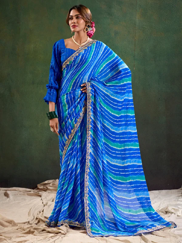 Women's Pure Chiffon Blue Embellished Designer Saree With Blouse Piece Short Sleeve Blouse
