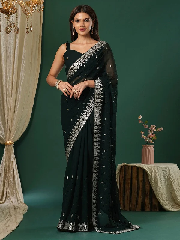 Women's Georgette Dark Green Embroidered Designer Saree With Blouse Piece Office-Ready Blouse