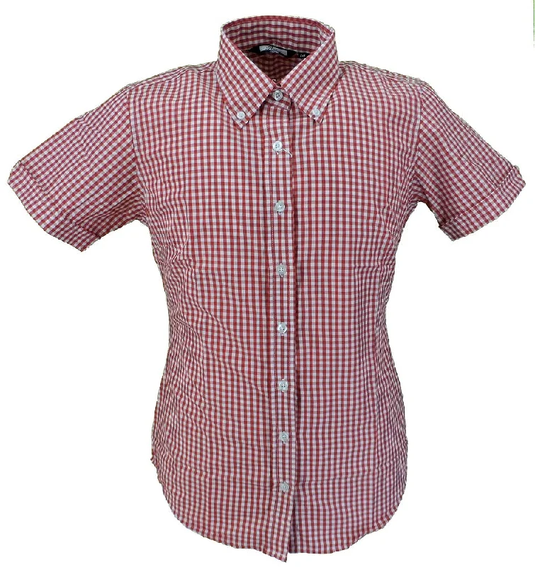 Relco Retro Red Gingham Ladies Button Down Short Sleeved Shirts-- Cashmere Blend Cotton Blend Poly Blend