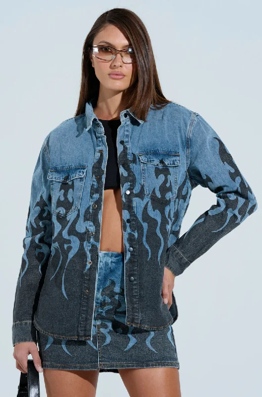 FIRE TO MY FLAME DENIM SHIRT-- Zippered Front Buttoned Front Snap Front