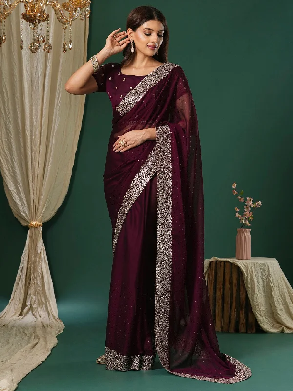 Women's Chiffon Magenta Embroidered Designer Saree With Blouse Piece Satin Drape Blouse