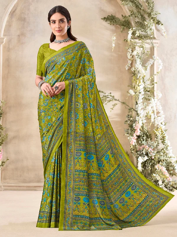 Women's Crepe Light Green Printed Designer Saree With Blouse Piece Sleeveless Summer Blouse