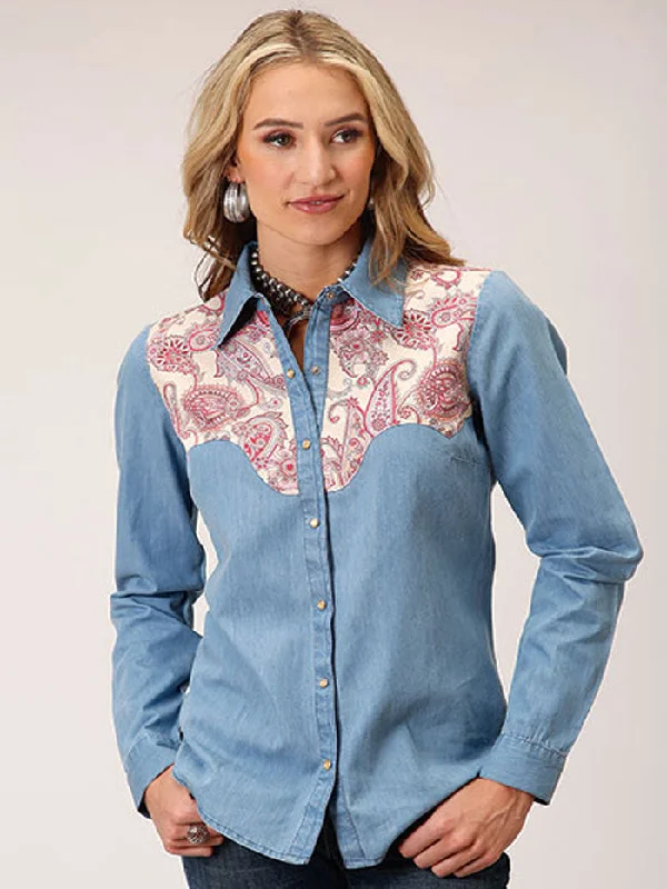 Roper 03-050-0594-3030 Womens Long Sleeve Denim Retro Shirt Blue-- Front Pockets Side Pockets Patch Pockets Roper 03-050-0594-3030 Womens Long Sleeve Denim Retro Shirt Blue-- Front Pockets Side Pockets Patch Pockets