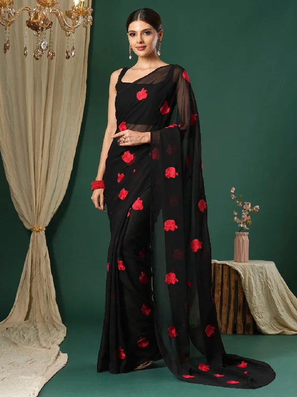 Women's Georgette Black Embroidered Designer Saree With Blouse Piece Chic Sleeveless Blouse
