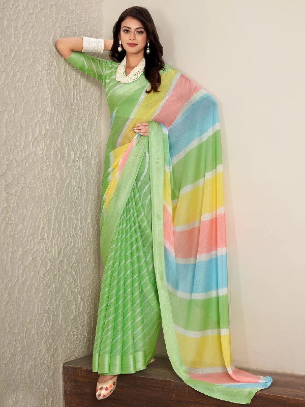 Women's Chiffon Light Green Printed Designer Saree With Blouse Piece Delicate Pleat Blouse