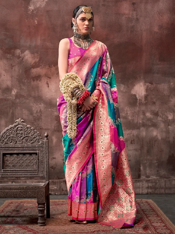 Women's Silk Blend Magenta Woven Design Designer Saree With Blouse Piece Stretchy Fitted Blouse