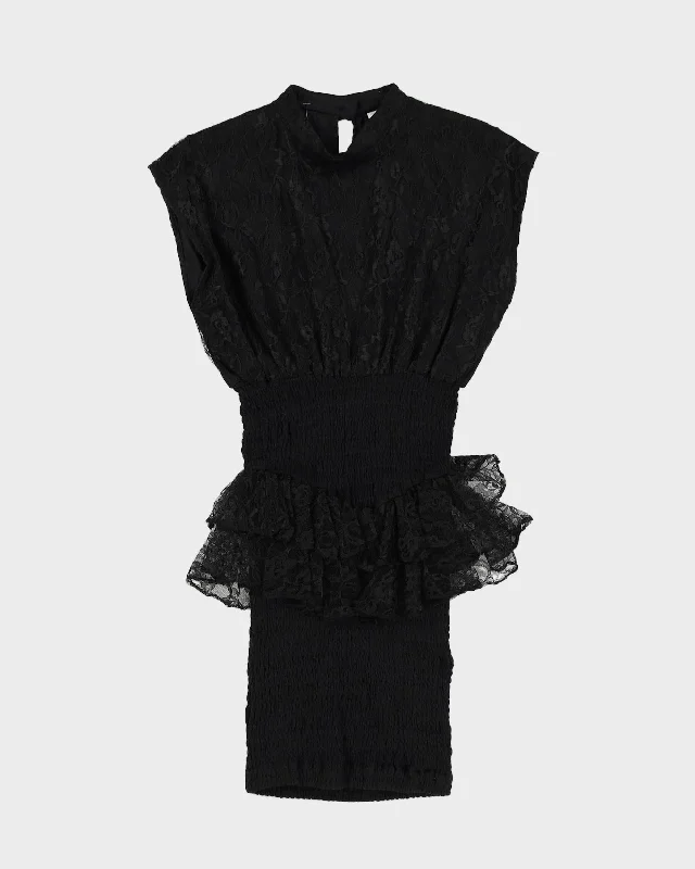 1990s Black Lace Peplum Mini Dress - S Trendy Mini Dress with Belt