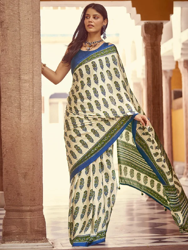 Women's Crepe Navy Blue Printed Designer Saree With Blouse Piece Balloon Sleeve Blouse
