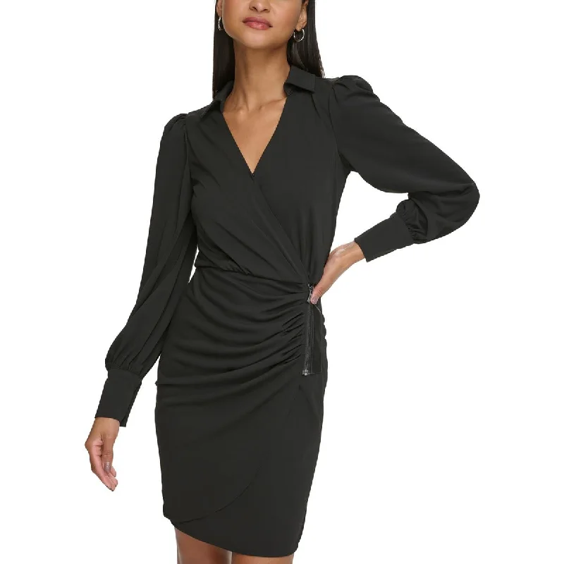 Womens Ruched Faux Wrap Mini Dress Stylish Plaid Mini Dress