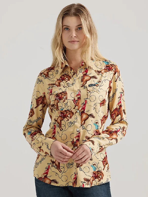 Wrangler 112356642 Womens Saddle Up Retro Western Shirt Tan-- Terry Blend Velvet Blend Canvas Blend