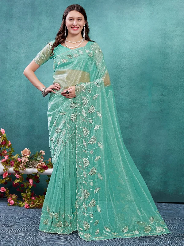Women's Pure Chiffon Pink Embellished Designer Saree With Blouse Piece Off-Shoulder Wrap Blouse