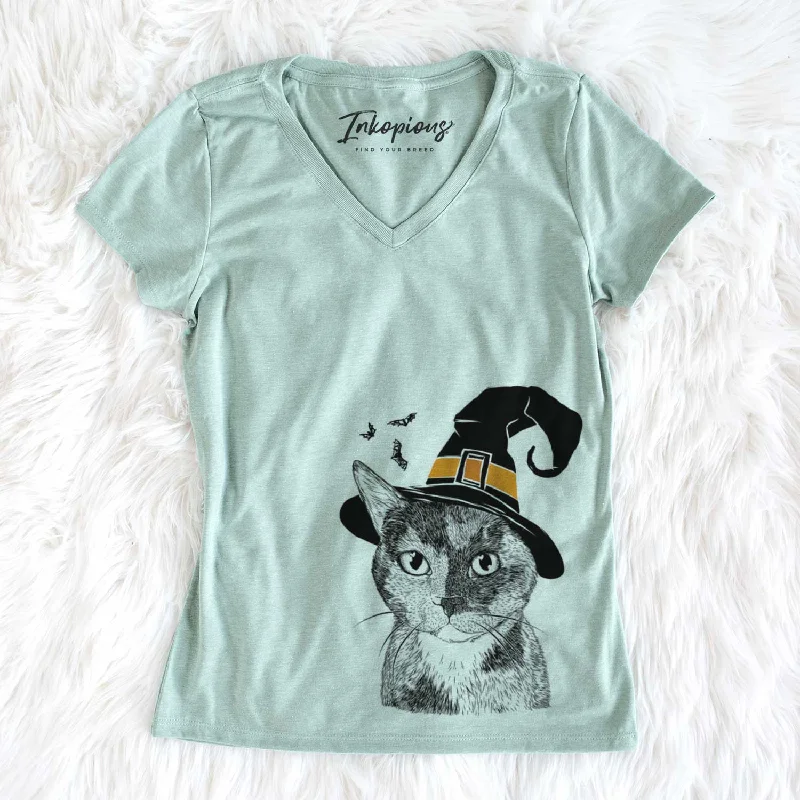 Witch Spooky Kitty the Tortoiseshell Cat - Women's V-neck Shirt-- Asymmetrical Pockets Print