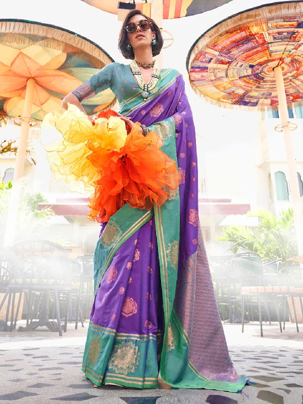 Women's Silk Blend light blue Woven Design Designer Saree With Blouse Piece Casual Button Blouse