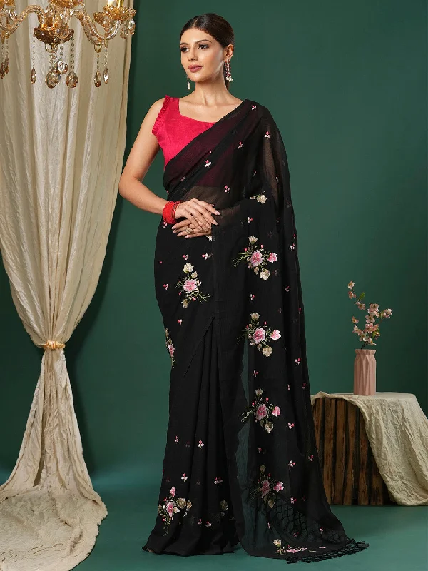 Women's Chiffon Pink Embroidered Designer Saree With Blouse Piece Delicate Pleat Blouse