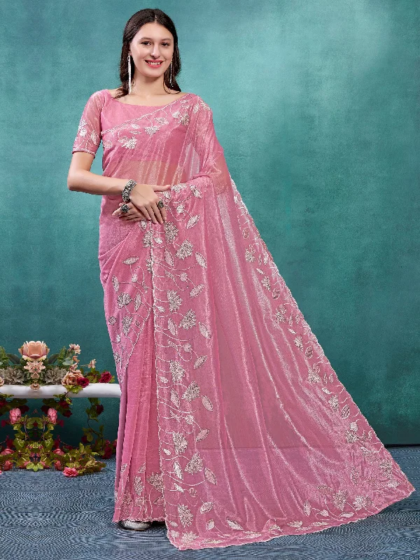 Women's Organza Pink Embellished Designer Saree With Blouse Piece Feminine Ruffle Blouse