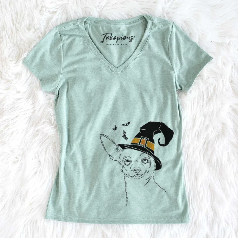 Witch Tabitha the Chihuahua - Women's V-neck Shirt-- Graphic Embroidered Appliqued