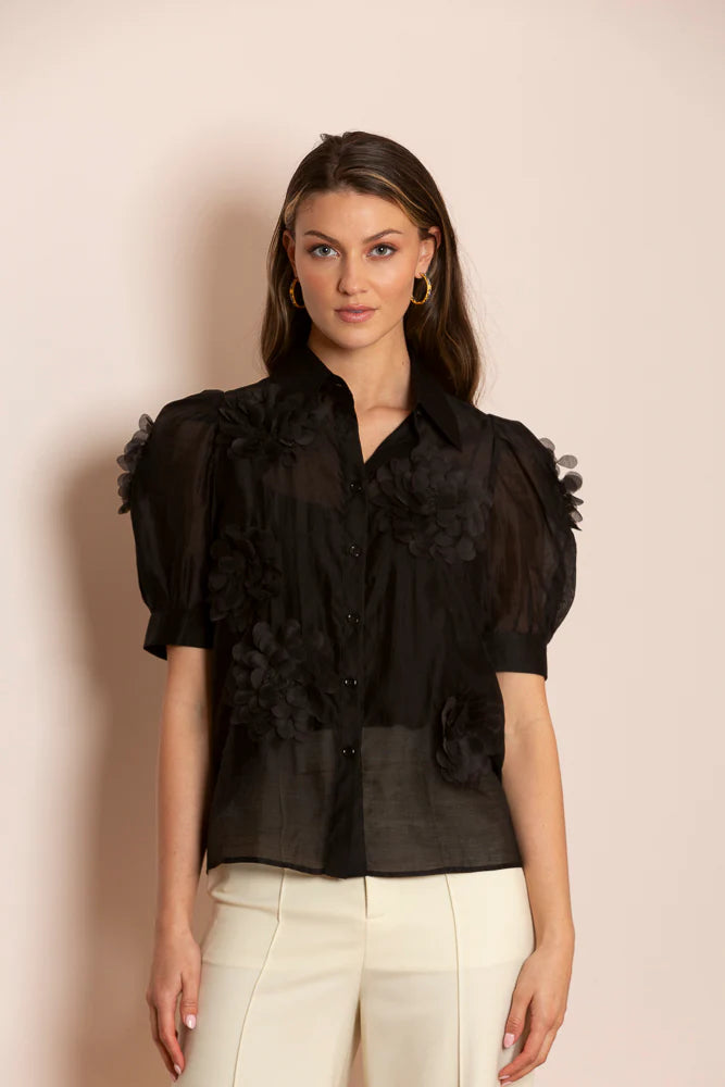Button Down Shirt with Flower Applique-- Cashmere Blend Cotton Blend Poly Blend