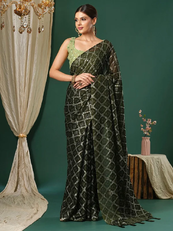 Women's Chiffon Light Green Printed Designer Saree With Blouse Piece Sheer Sleeve Blouse