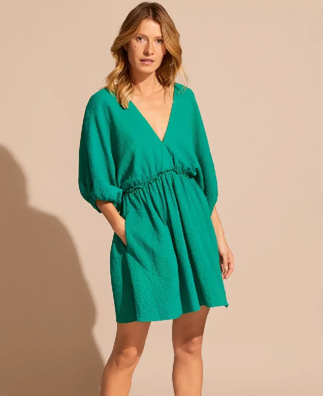 Womens V Neck Mini Dress in Green Cozy Long Sleeve Mini Dress