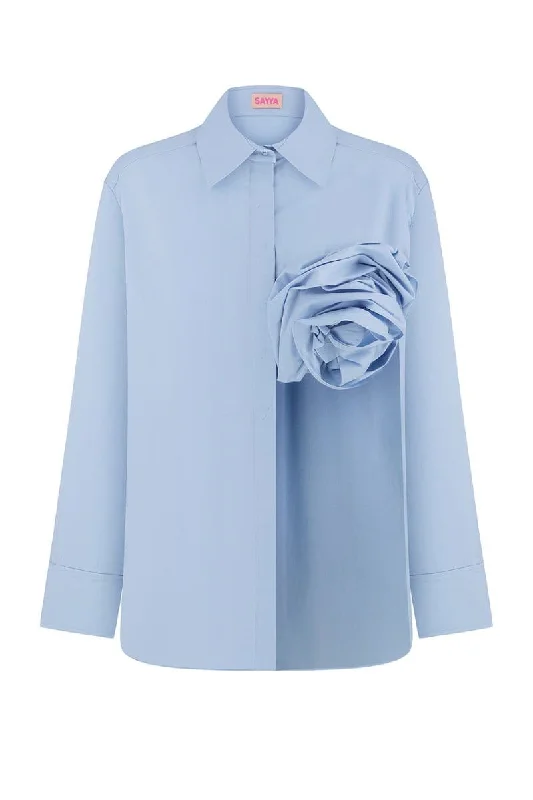 LIGHT BLUE A-LINE SHIRT WITH FLOWER-- Iron Safe Non-Iron Wrinkle Free