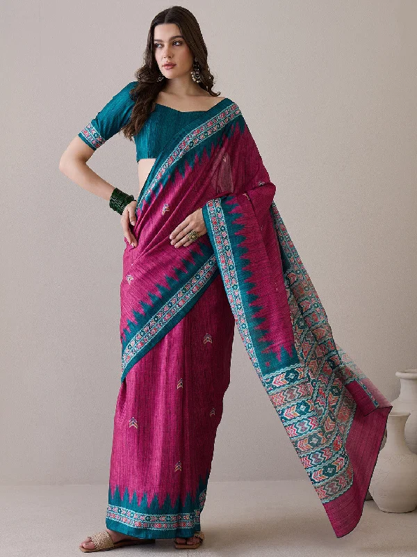 Women's Silk Blend Teal blue Printed Designer Saree With Blouse Piece Elegant Lace Blouse