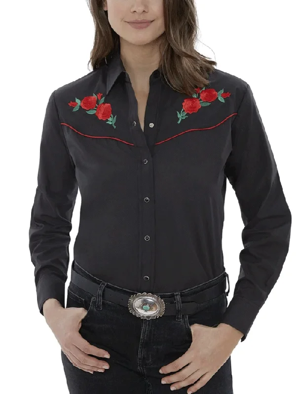 Ely Cattleman 15303801-88 Womens Red Rose Embroidery Long Sleeve Western Shirt Black-- Rayon Velvet Corduroy Ely Cattleman 15303801-88 Womens Red Rose Embroidery Long Sleeve Western Shirt Black-- Rayon Velvet Corduroy