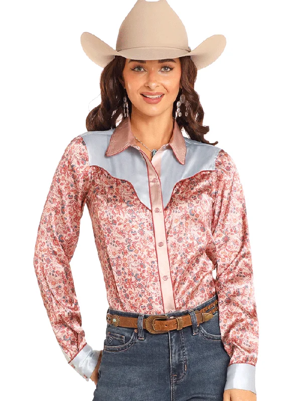 Rock & Roll Denim BWN2S04511 Womens Printed Satin Shirt Rose Mauve-- Hooded Caped Shawl Collar