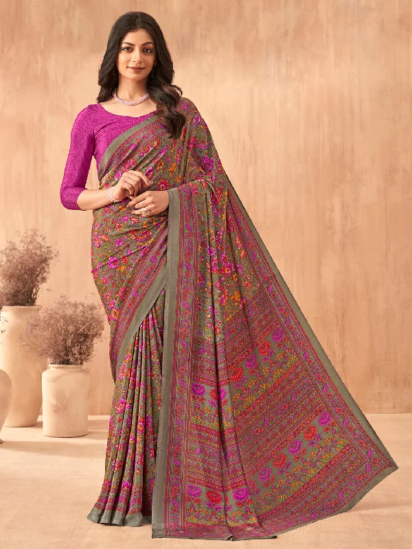 Women's Crepe Pink Printed Designer Saree With Blouse Piece Chic Wrap Blouse