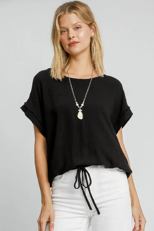 Hazel Blues® |  Umgee Drawstring Hem Round Neck Short Sleeve T-Shirt-- Collared Crew Neck Turtle Neck