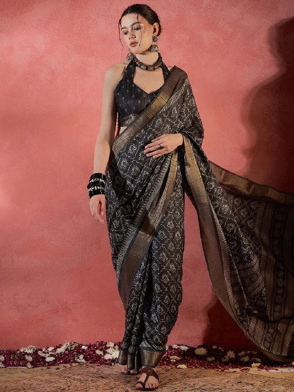 Women's Silk Blend Black Printed Designer Saree With Blouse Piece Business Casual Blouse