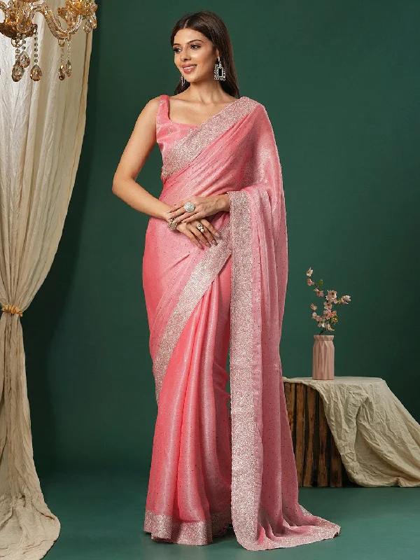Women's Organza Pink Embroidered Designer Saree With Blouse Piece Backless Summer Blouse