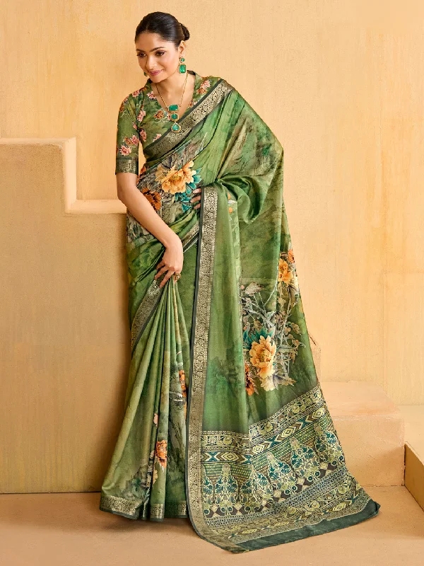 Women's Tussar Silk Light Green Woven Design Designer Saree With Blouse Piece Feminine Puff Blouse