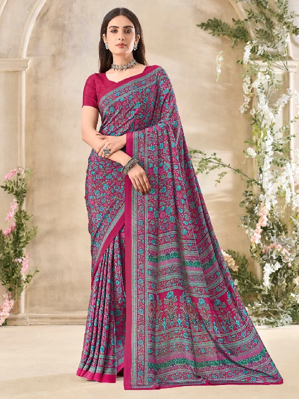 Women's Crepe Pink Printed Designer Saree With Blouse Piece Pleated Collar Blouse