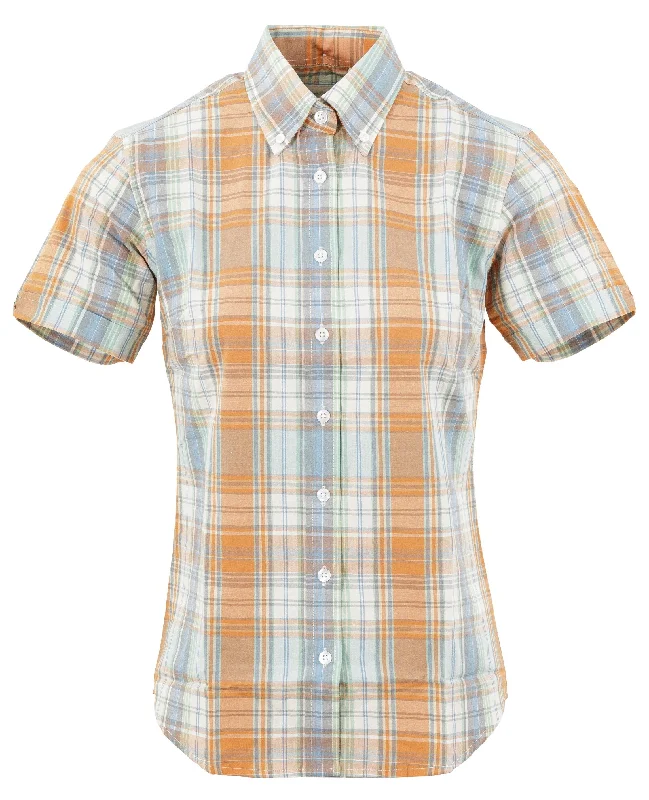 Relco Ladies Retro Orange/Sky Check Button Down Short Sleeved Shirts-- Mesh Blend Leather Blend Suede Blend
