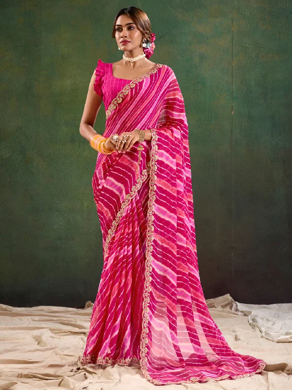 Women's Pure Chiffon Pink Embellished Designer Saree With Blouse Piece Sheer Sleeve Blouse