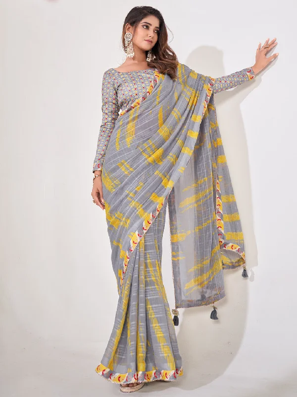 Women's Georgette Grey Embellished Designer Saree With Blouse Piece Office-Ready Blouse