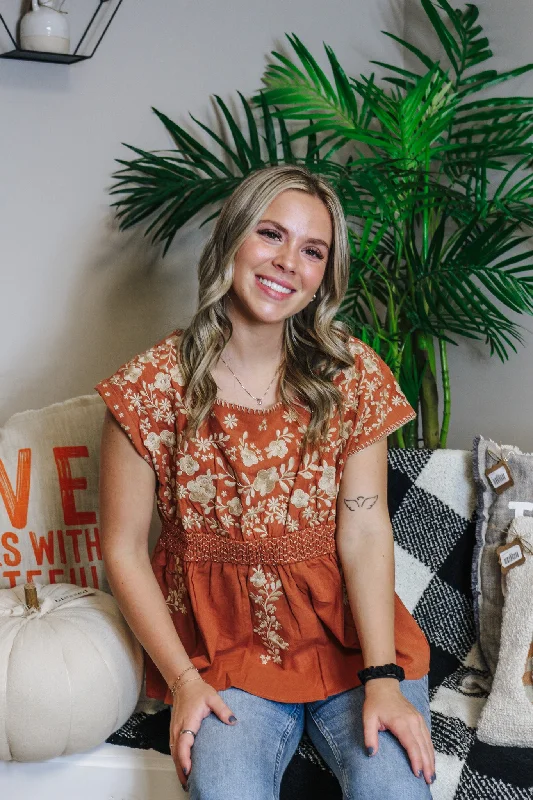 Gone For Brunch Rust Floral Blouse Sheer Mesh Blouse