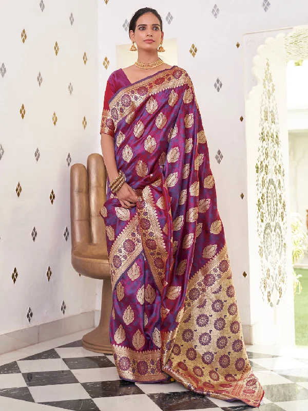 Women's Satin Silk Magenta Woven Design Designer Saree With Blouse Piece Soft Pastel Blouse