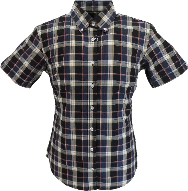 Relco Ladies Retro Black/Blue Check Button Down Short Sleeved Shirts-- Front Pockets Side Pockets Patch Pockets
