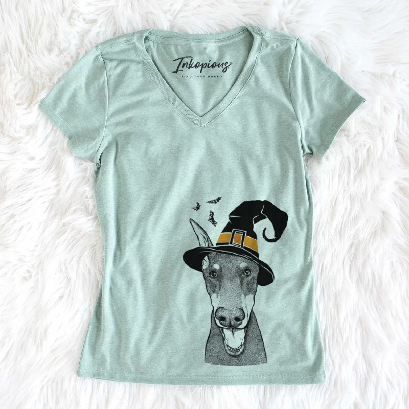 Witch Sir Duke the Doberman Pinscher - Women's V-neck Shirt-- Solid Print Embellished