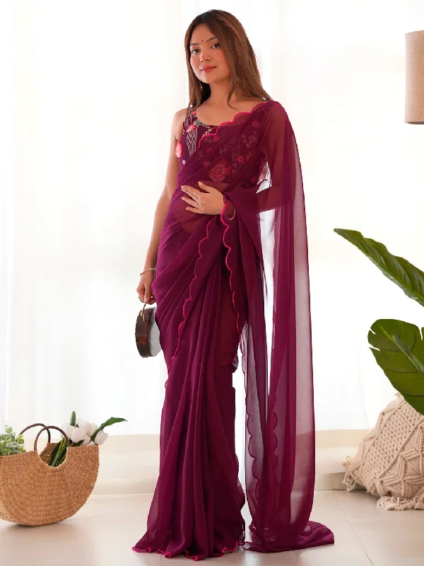 Women's Georgette Magenta Embellished Designer Saree With Blouse Piece Stretchy Fitted Blouse