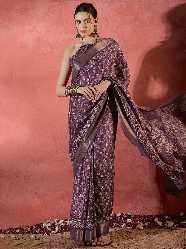 Women's Silk Blend Magenta Printed Designer Saree With Blouse Piece Subtle Shimmer Blouse