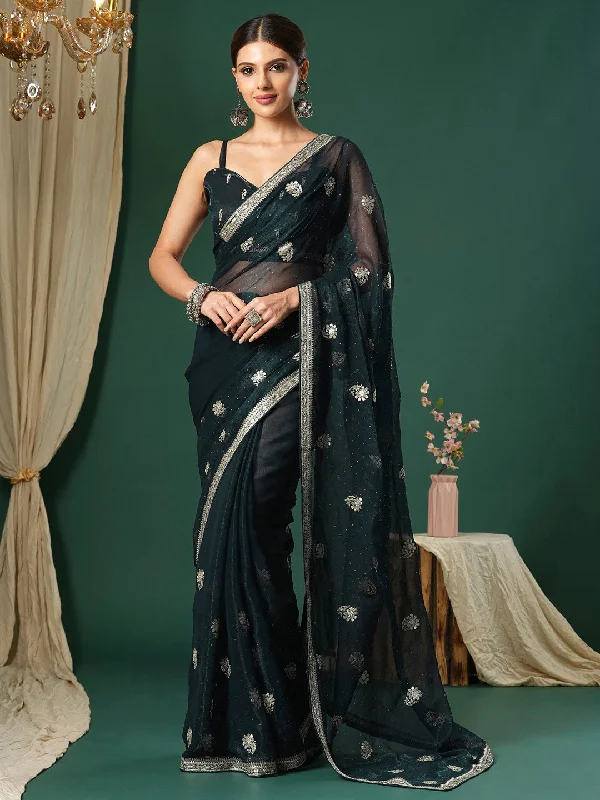 Women's Georgette Teal green Embroidered Designer Saree With Blouse Piece Soft Modal Blouse