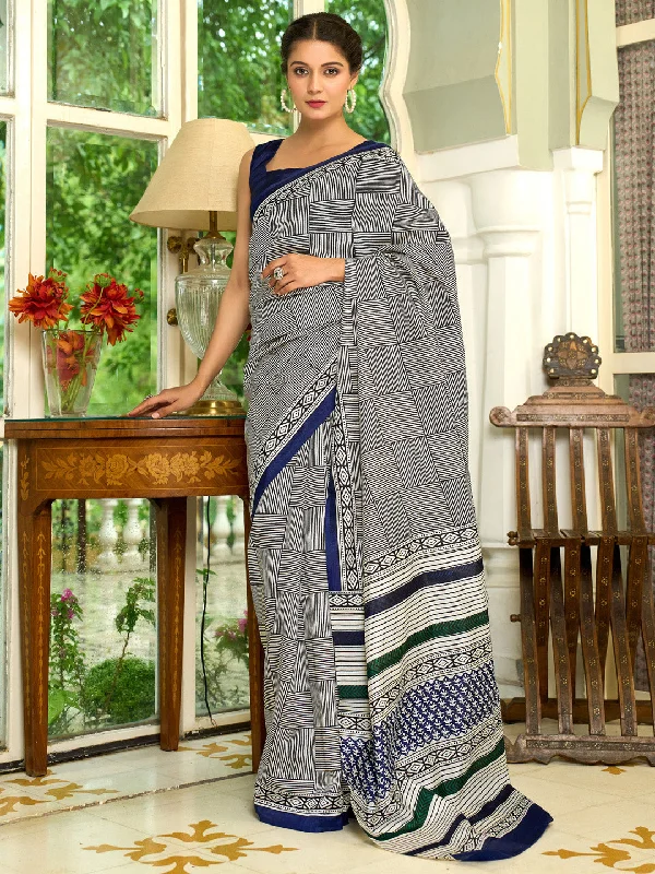 Women's Bhagalpuri Silk Navy Blue Printed Designer Saree With Blouse Piece Lightweight Floral Blouse