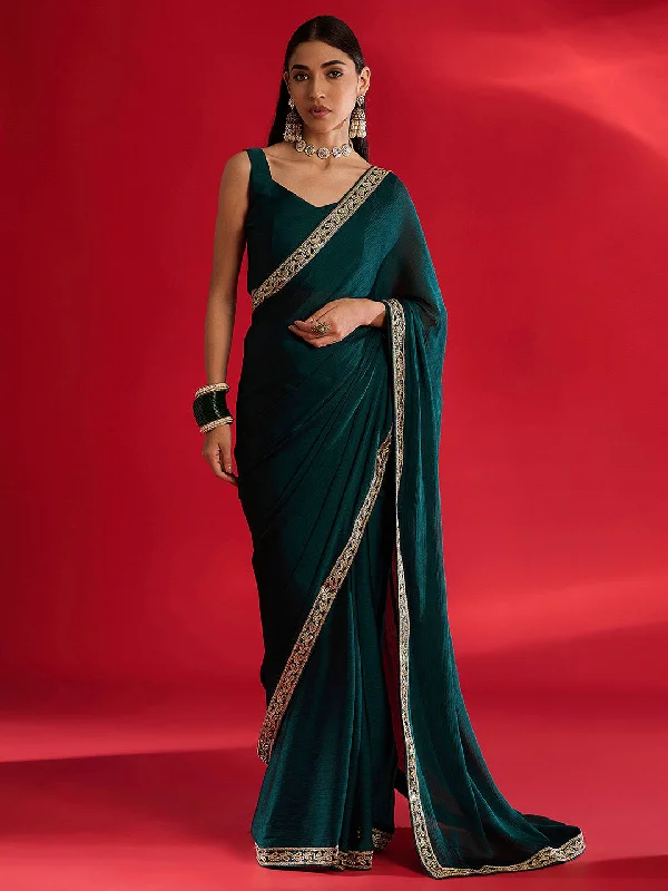 Women's Satin Teal blue Embellished Designer Saree With Blouse Piece Satin Bow Blouse