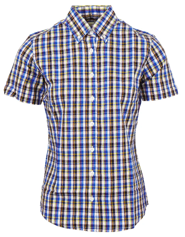 Relco Ladies Retro Multi Blue Check Button Down Short Sleeved Shirts-- Graphic T-Shirt Round Neck Polyester