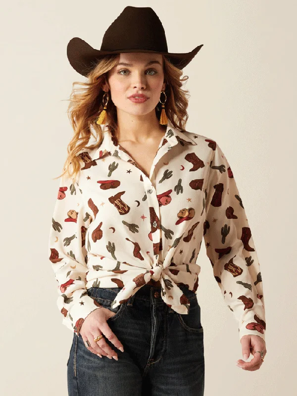 Ariat 10052923 Womens Homestyle Western Cowgirl Print Shirt Ivory-- Mesh Blend Leather Blend Suede Blend