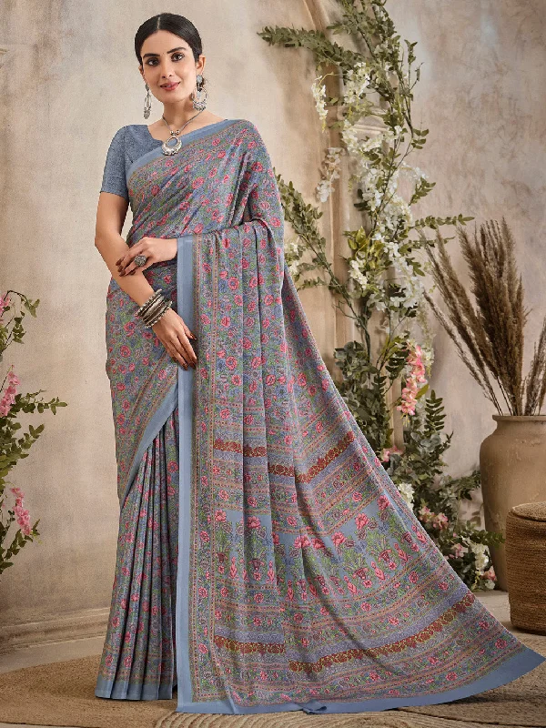 Women's Crepe Grey Printed Designer Saree With Blouse Piece Gathered Detail Blouse