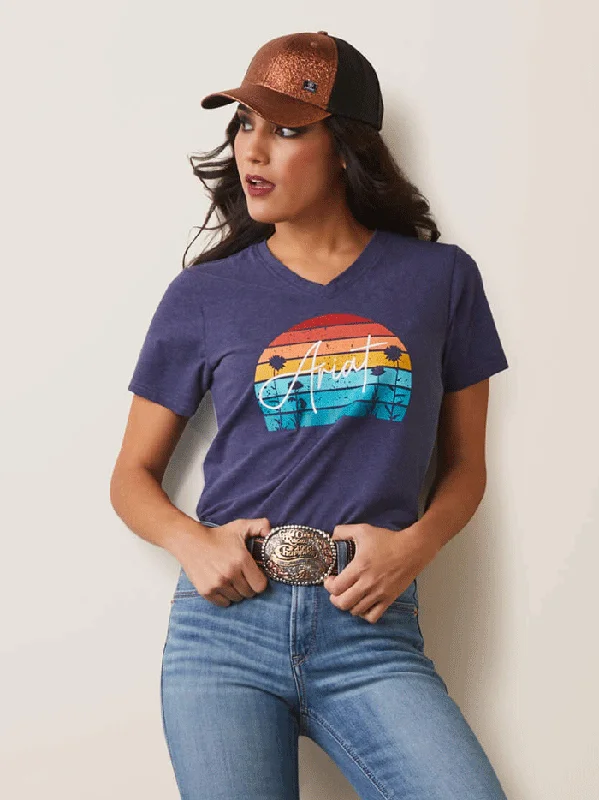 Ariat 10043418 Womens REAL Horizon T-Shirt Navy Heather-- Notch Collar Peter Pan Collar Cowl Neck