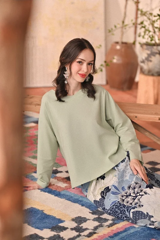 The Heiwa Women Selesa Blouse - Fog Green Satin Bow Blouse